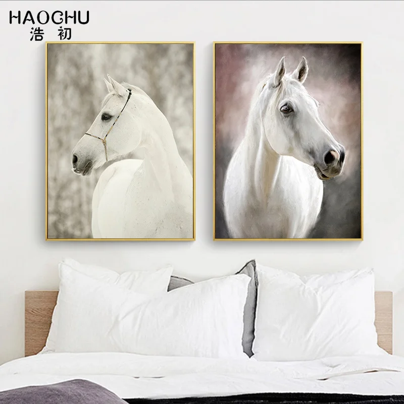 Картина на холсте HAOCHU с изображением животных Белая лошадь картина для спальни