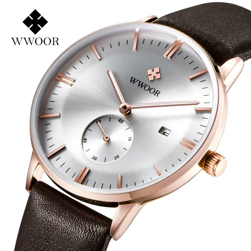 2017 WWOOR мужские часы Топ Бренд роскошные кожаный ремешок повседневные кварцевые