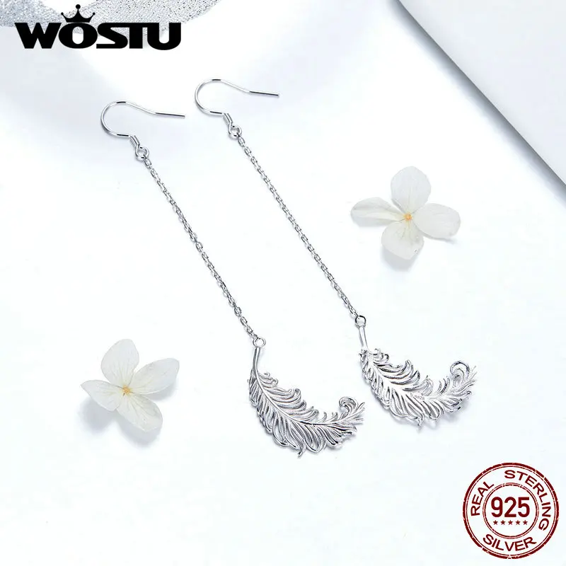 WOSTU 2019 Мода 925 пробы Серебряное перо длинные висячие серьги Классический Стиль