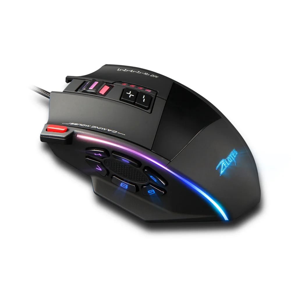 Black ZELOTES C-13 Проводная USB 10000 dpi оптическая игровая мышь 12 программируемых кнопок компьютерная игровая мышь 5 регулируемых dpi 7 светодиодный фонарь - Цвет: Black