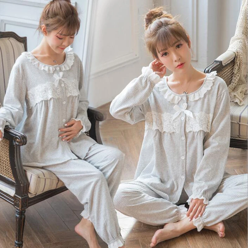 Хлопковая кружевная Пижама для беременных ночная рубашка кормящих мам костюм