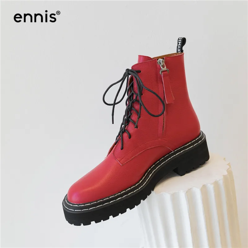ENNIS/; дизайнерские женские ботинки на платформе; ботинки из натуральной кожи на шнуровке; сезон осень-зима; черные готические сапоги; обувь на плоской подошве; Цвет Красный; Новинка; A999