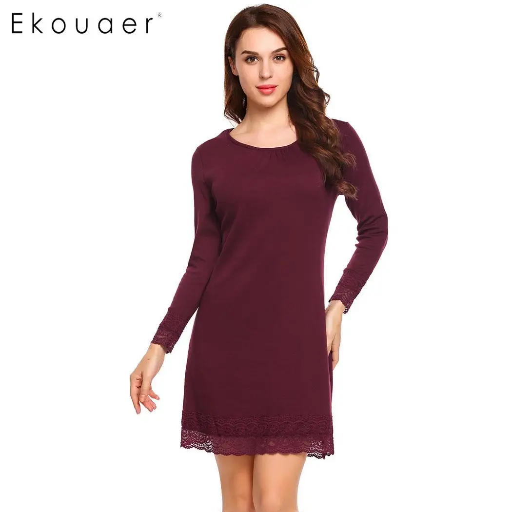 Wine Red Ekouaer Повседневное платье трапециевидной формы для женщин с длинным рукавом o-образным вырезом в стиле пэчворк, с кружевом подходит для лета и осени дно мини платье женская одежда - Цвет: Wine Red