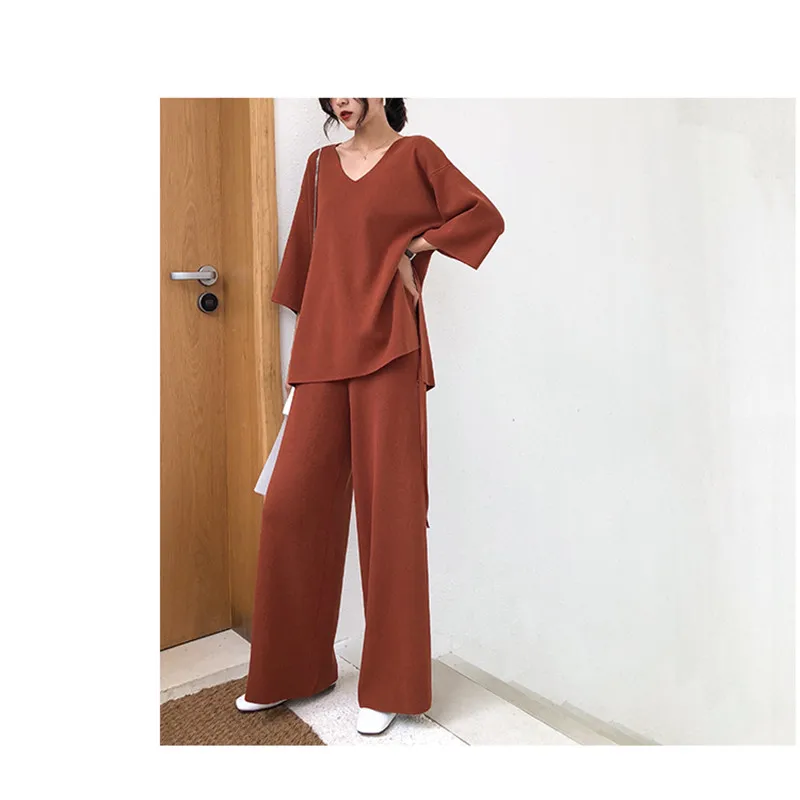 Женский трикотажный свитер брючный костюм для женщин комплект из двух предметов