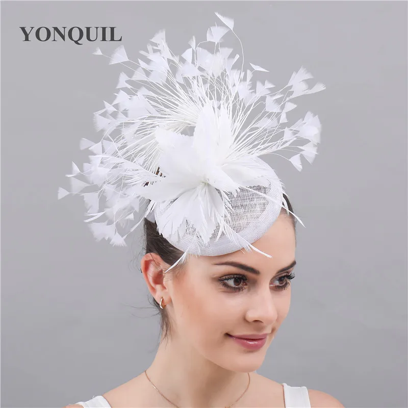 White Fashion Sinamay Headbands Fascinator Hats Bridal Women Fancy Long Feather Decoration Chapeau Caps Wedding Race Headdress
