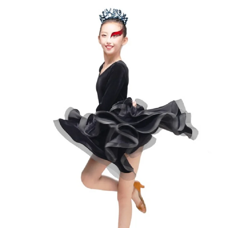 Черное вельветовое платье для латинских танцев девочек современные детские
