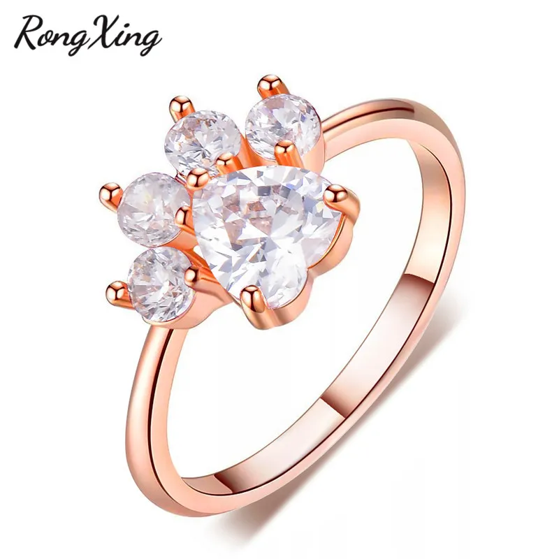 RongXing Любовь Сердце Циркон Симпатичный кот собака медведь следы кольца для женщин розовое золото заполненный белый камень рождения для когтей животных кольцо