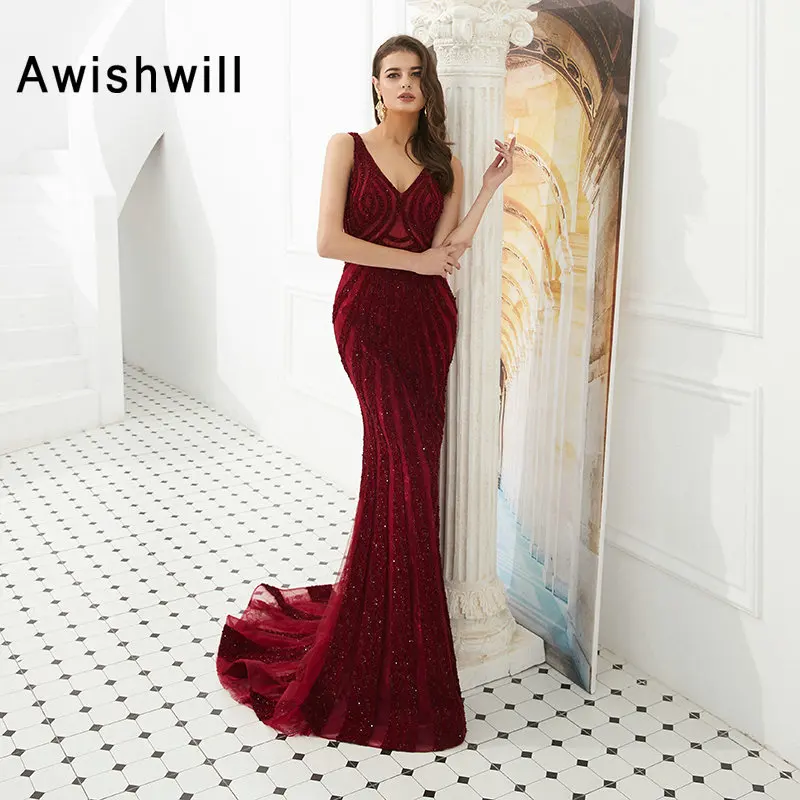 New Arrival Burgundy Long Prom Dress 2020 Vestidos De Fiesta Largos V-neck Heavy Handmade Beadings Mermaid Evening Dress Party