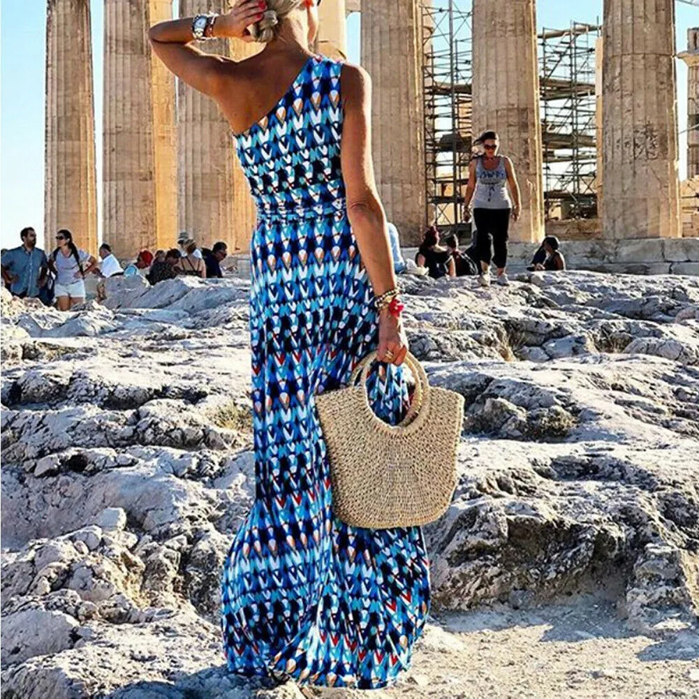 Женское летнее длинное платье Boho с цветочным принтом на одно плечо вечернее