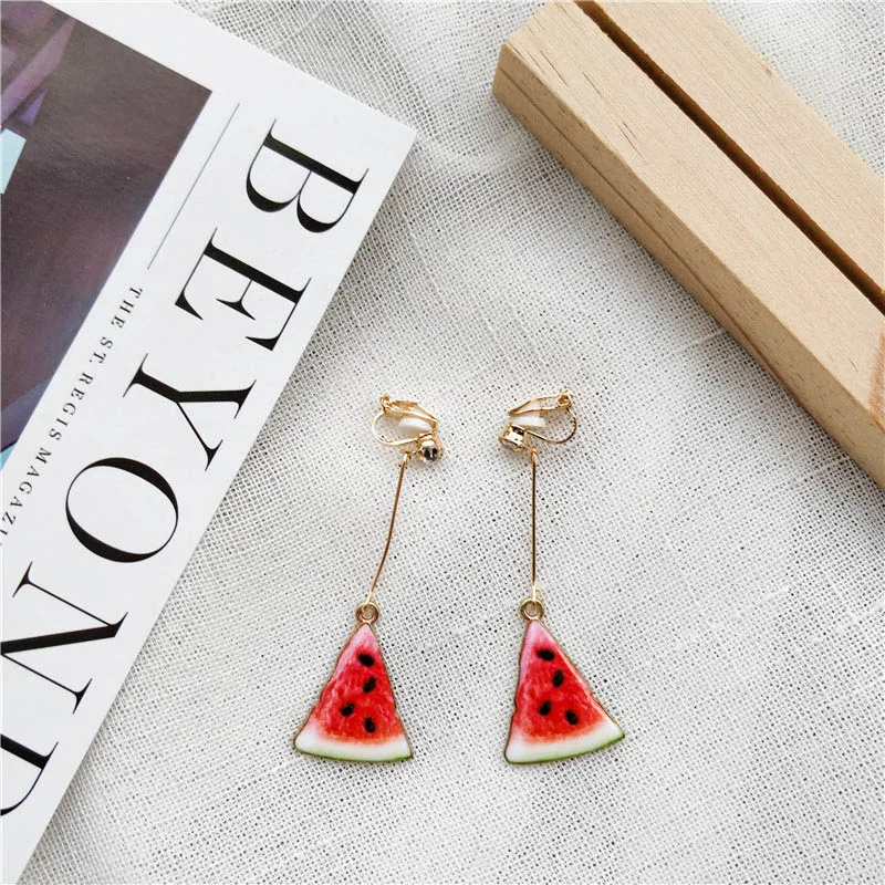Watermelon Арбуз Клубника Фрукты длинный кулон клип серьги для женщин Праздник девушка клипсовые вечерние ювелирные изделия без пирсинга - Окраска металла: Watermelon