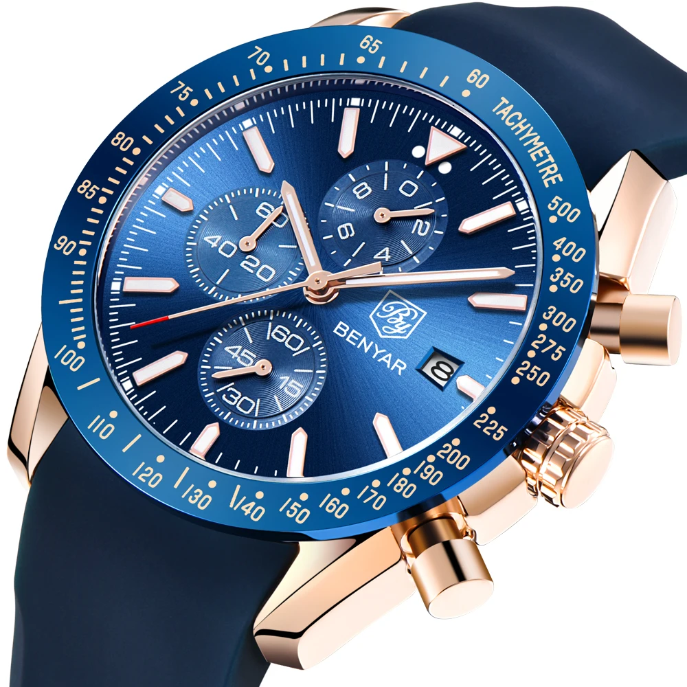 

BENYAR Brand Men's Sport Watches Chronograph Silicone Strap All pointers work Waterproof Fashion Quartz Watch Relogio Masculino