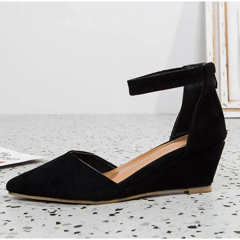 Women Wedge Ankle Strap Pumps Zipper Suede Leopard Pointed Toe Shallow Ladies Shoes Summer Plus Size Casual Sandals New Female