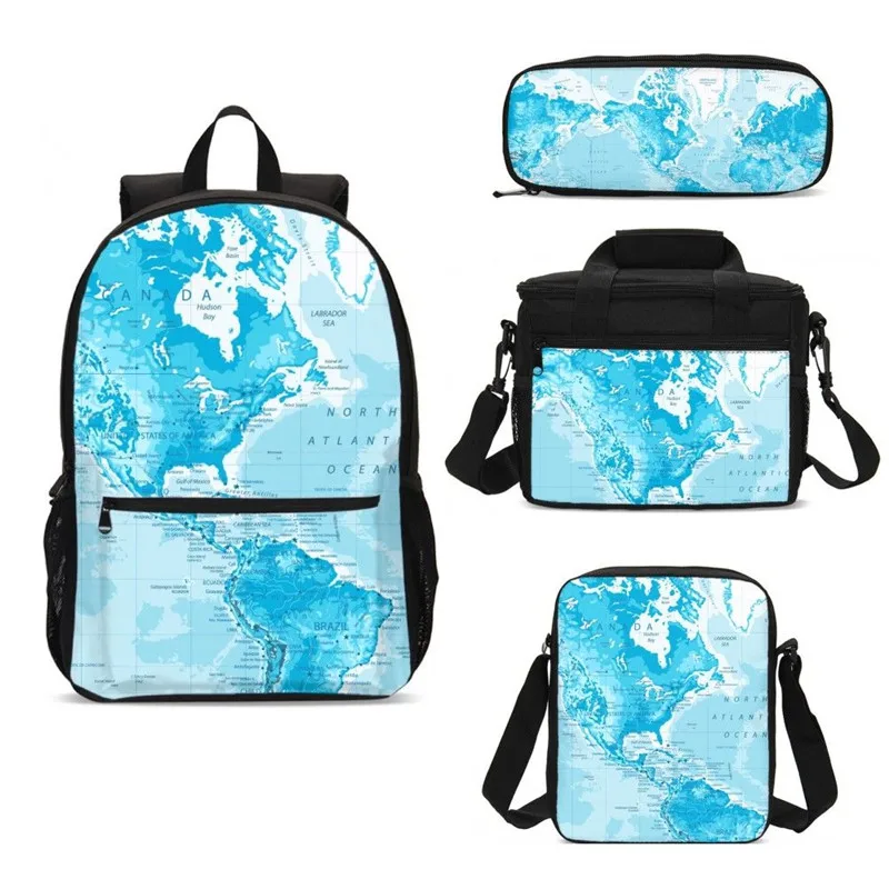 

4pcs Bags Sets World Map Kids School Bag Women Sling Bag Men Backpack Pack Pen Bag Food Bag Mujer Bolsa Escolar Bolsas Termica