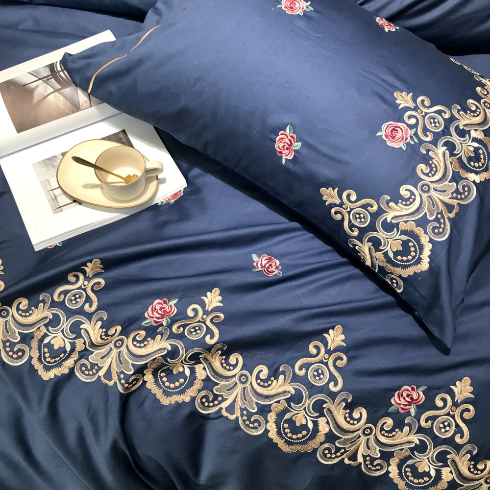2018 темно синий цветочный граница покрывало для кровати вышивка Египетский