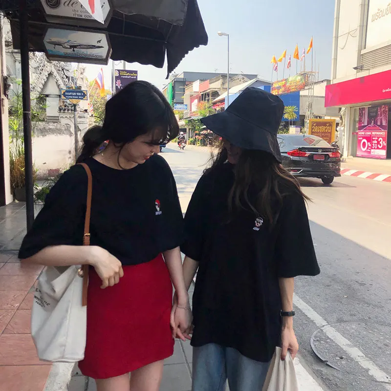 3 colors 2019 spring and summer basic loose cartoon letter embroidery o neck short sleeve t-shirts womens tee shirt femme (X217) | Женская