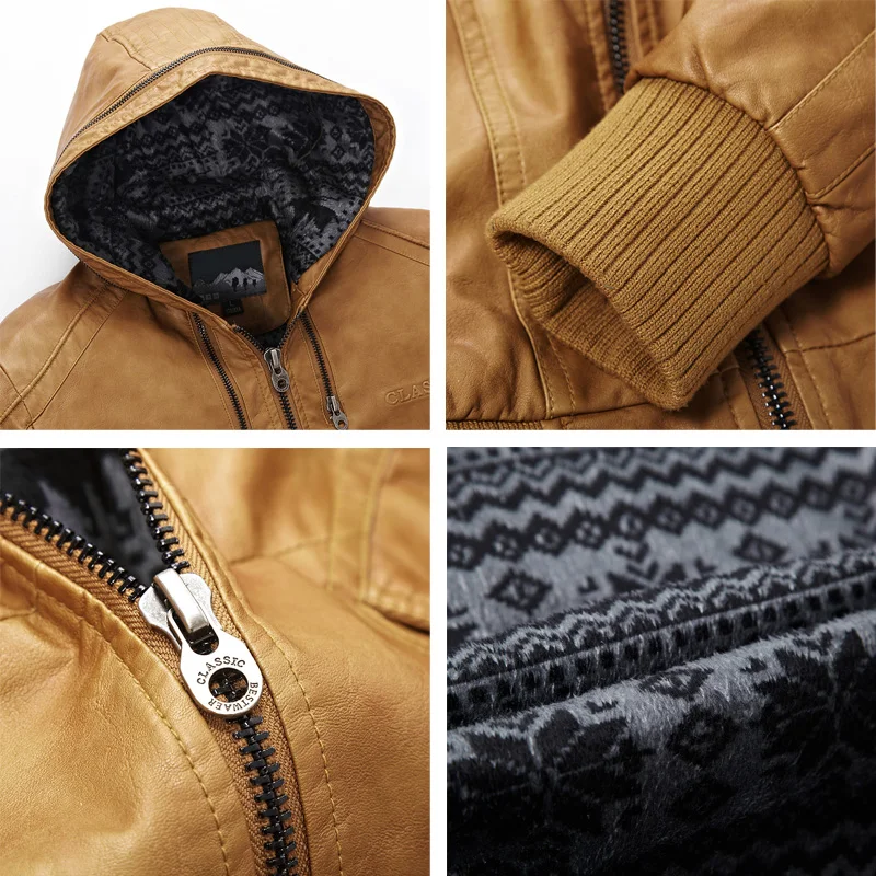 Мужская зимняя куртка из искусственной кожи черная теплая флисовая с капюшоном