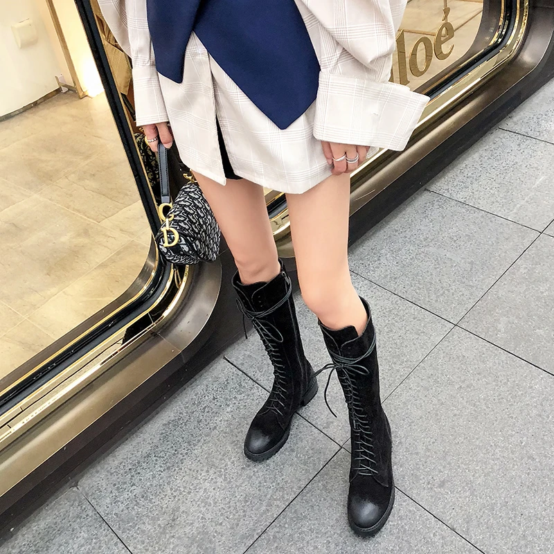 WETKISS Motorcycle Boots Women Thick Heels Boot Round Toe Croos Tied Shoes Female Cow Leather Shoes Ladies Autumn New
