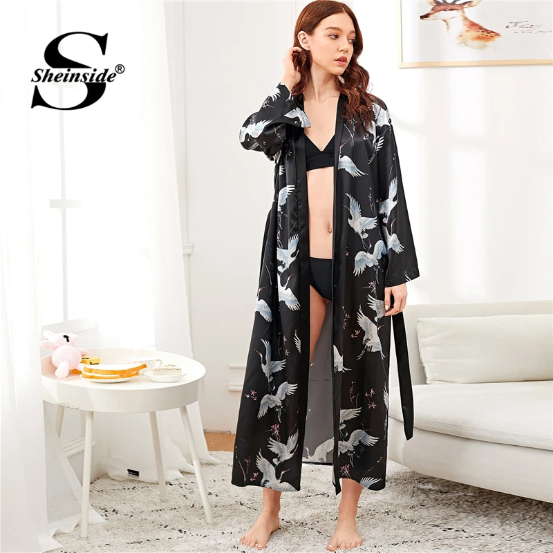 Sheinside, атласный длинный халат с принтом Журавля, женская ночная рубашка с v-образным вырезом, Дамская пижама, ночные рубашки для женщин, черный халат для сна и отдыха