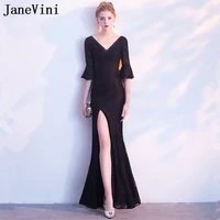 janevini vestidos vintage lace beads mother of the bride dress mermaid high split black evening gowns with sleeves vestido noite