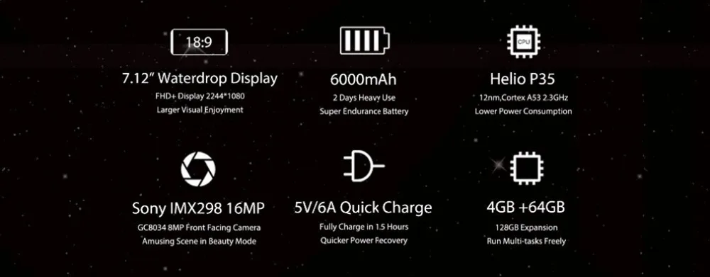 OUKITEL K9 Android мобильного телефона 7,1" в виде капли воды, 4 Гб 64 Гб Octa Core Android 9,0 6000 мАч 16MP 8MP 5 V/6A быстрой зарядки смартфона