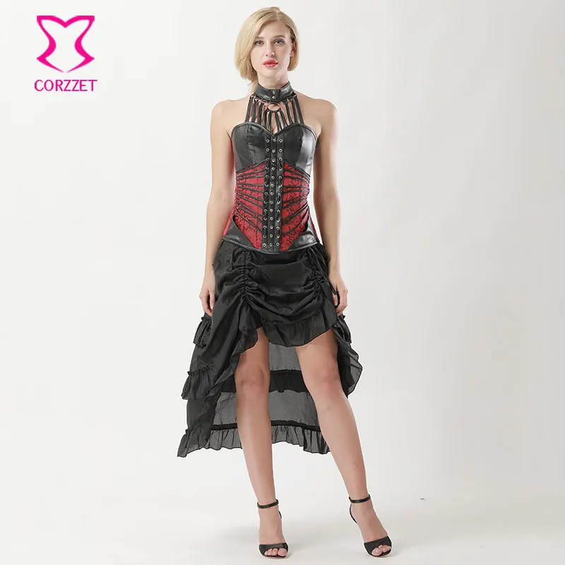 Женское кожаное платье корсет с лямкой на шее|steel boned overbust corset|overbust corsetsteampunk clothing