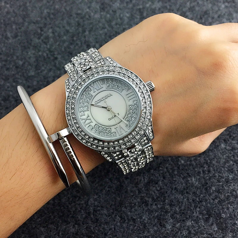 Reloj mujer CONTENA блестящие полностью бриллиантовые часы Роскошные Стразы-браслет женские часы модные женские часы saat