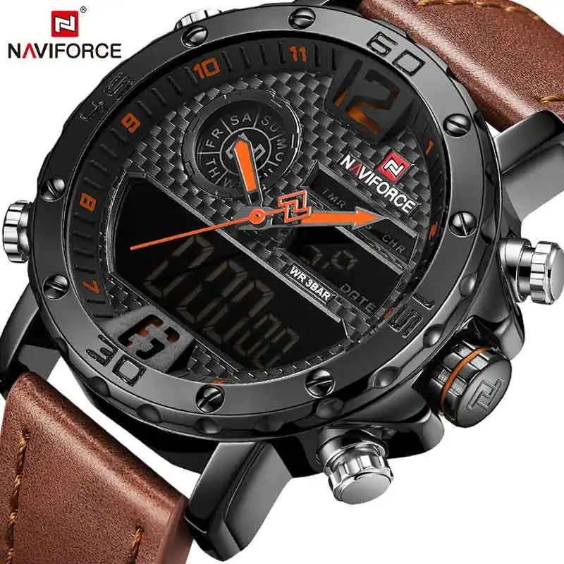 Mens Watches Luxury Brand Men Leather Sports Watches NAVIFORCE Men's Quartz LED Digital Clock Waterproof Military Wrist Watch wwoor men s quartz led digital watch top brand luxury waterproof men sports watches clock male steel army military wrist watches