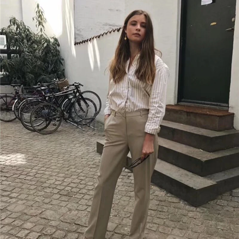

New Oat-coloured Vertical Stripe Cotton Shirt For Women