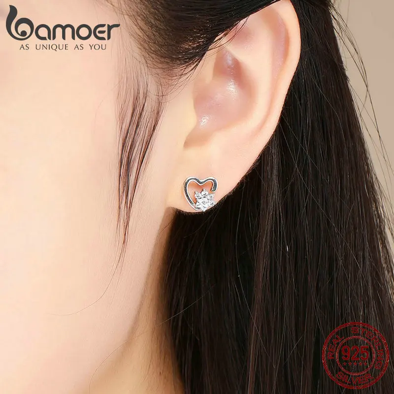 BAMOER, модные, 925 пробы, серебряные, классические, сердце, прозрачный, кубический циркон, серьги-гвоздики для женщин, Стерлинговое Серебро, ювелирное изделие, SCE415