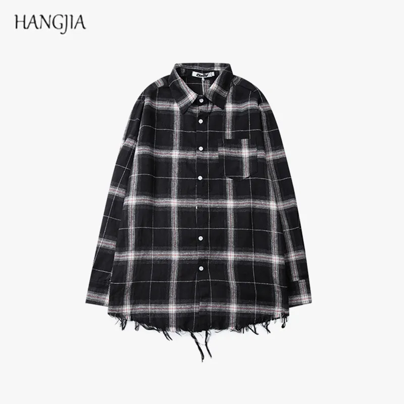 

[HANGJIA] Vintage Plaid Long Sleeve Shirts Tide Brand Men 2018 New Black/White Handsome Irregular Cropped Loose Shirt