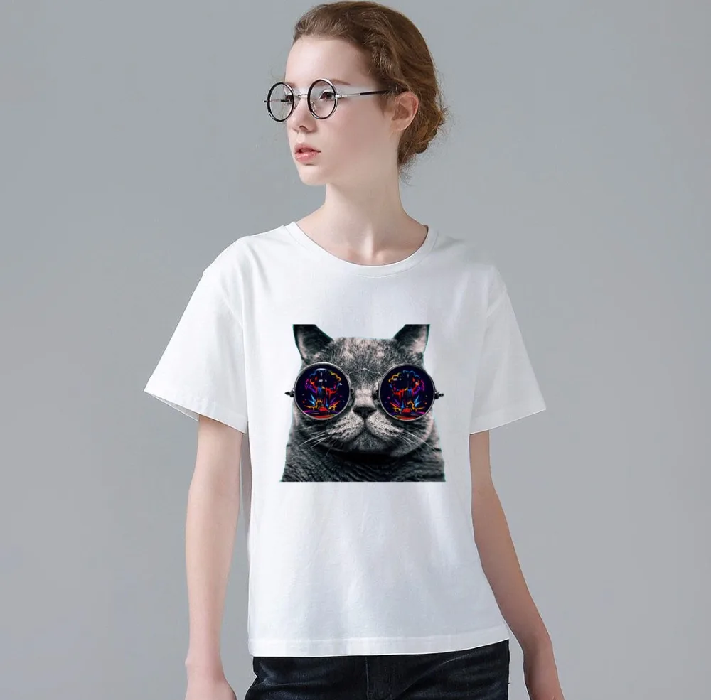 Новый Лето 2017 г. модная футболка Для женщин короткий рукав blusas femininas Cool Cat принт