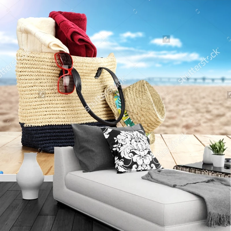 Обои с природным пейзажем деревянный стол море и пляж 3D фото для гостиной спальни