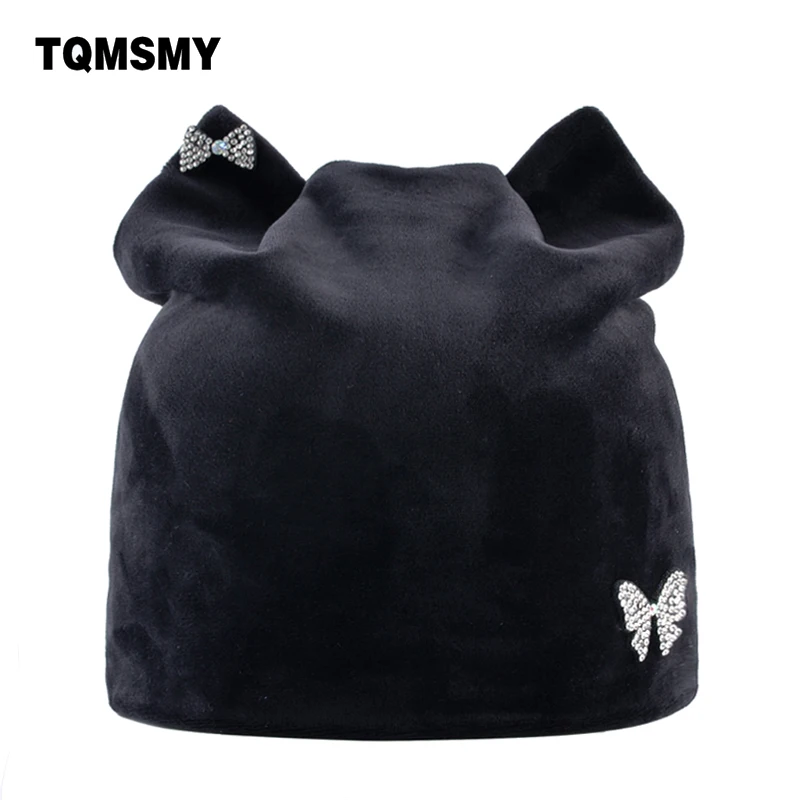шапка с ушками Зимние шапки для женщин beanies милый бант орнамент кошка кость