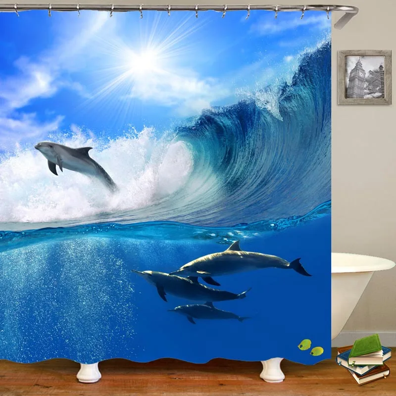 Cute Cartoon Dolphin Waves Blue Sea Ocean Jump Fish Shower Curtain Polyester Fabric Bath for Bathroom Decoration Curtains | Дом и сад