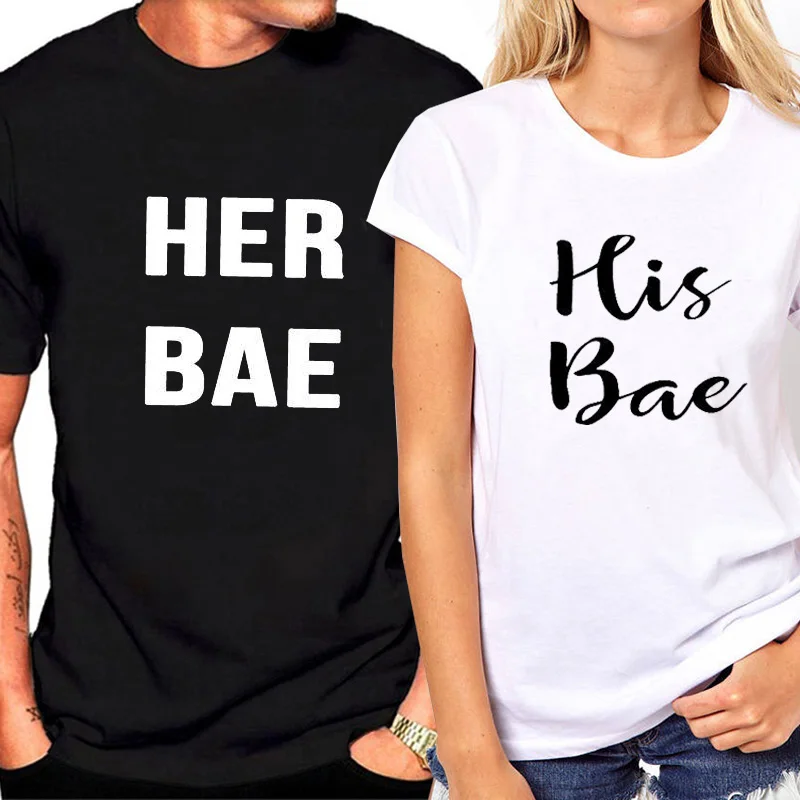 Летняя новая брендовая футболка для пары с буквенным принтом her bae забавная