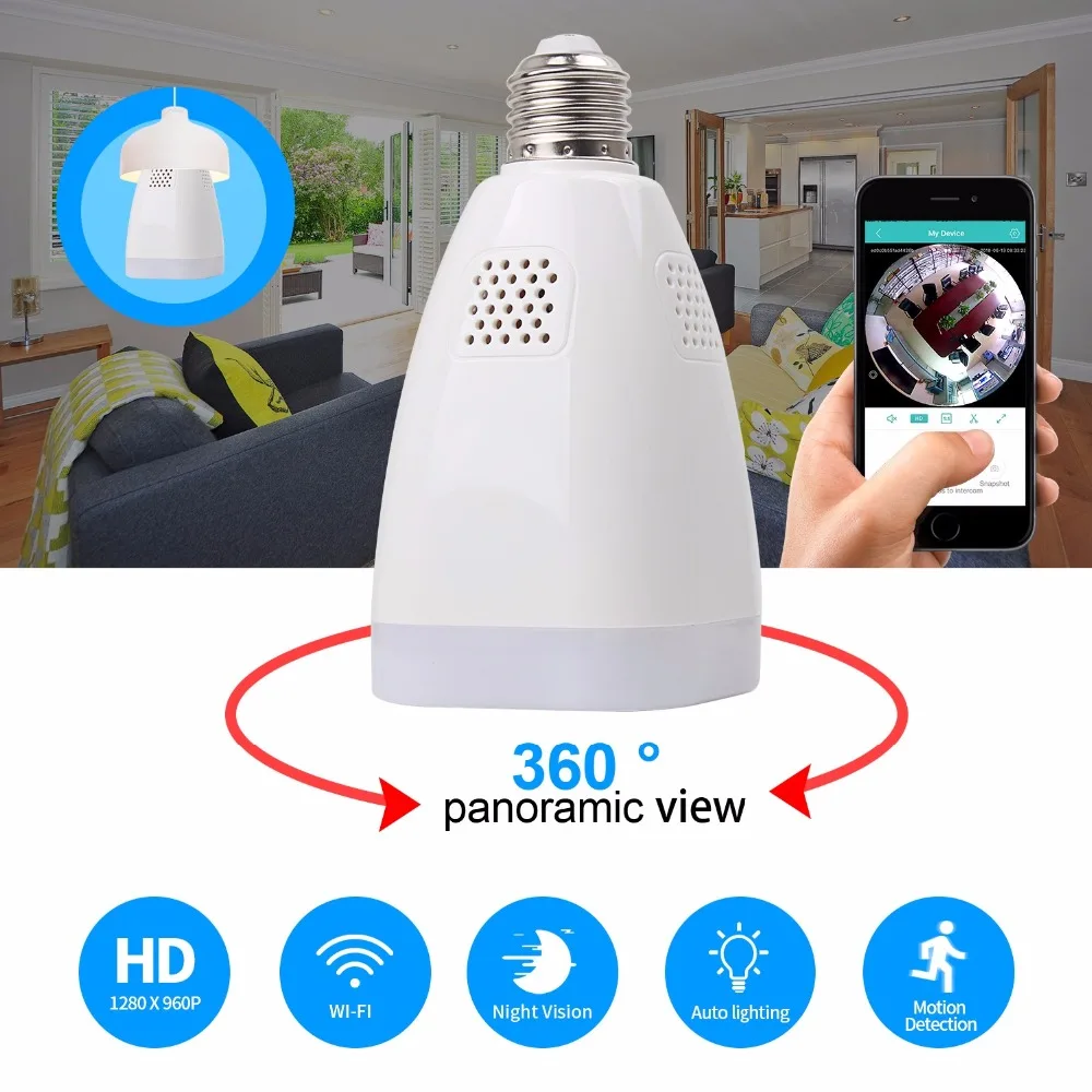 Модная лампа для видеонаблюдения камера с углом обзора 360 градусов HD 960P рыбий
