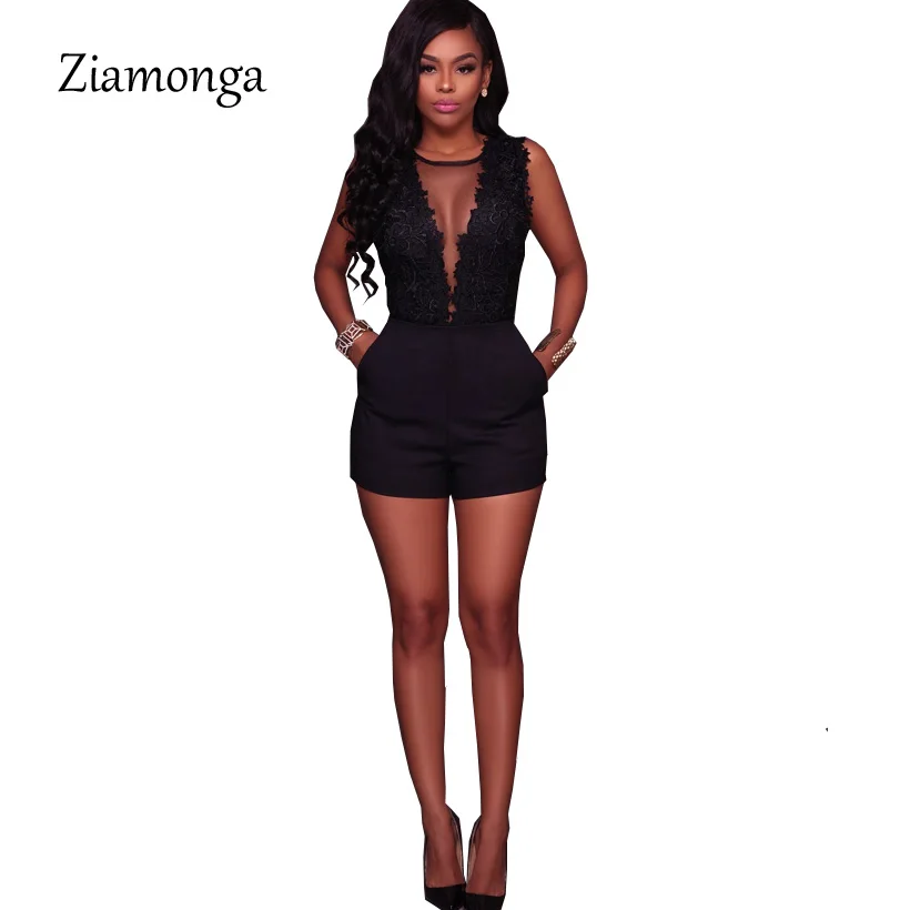 Ziamonga S-XXL, сексуальный черный кружевной комбинезон, женские сетчатые комбинезоны, комбинезон с открытой спиной и вышивкой, женские облегающие шорты, комбинезоны