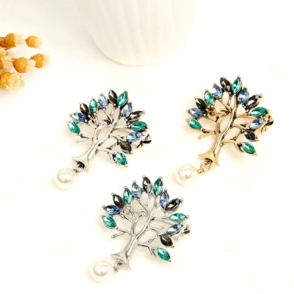 

JUJIE Fashion Crystal Tree Brooches For Women 2019 Pearl Plant Brooch Pins Jewelry Dropshipping