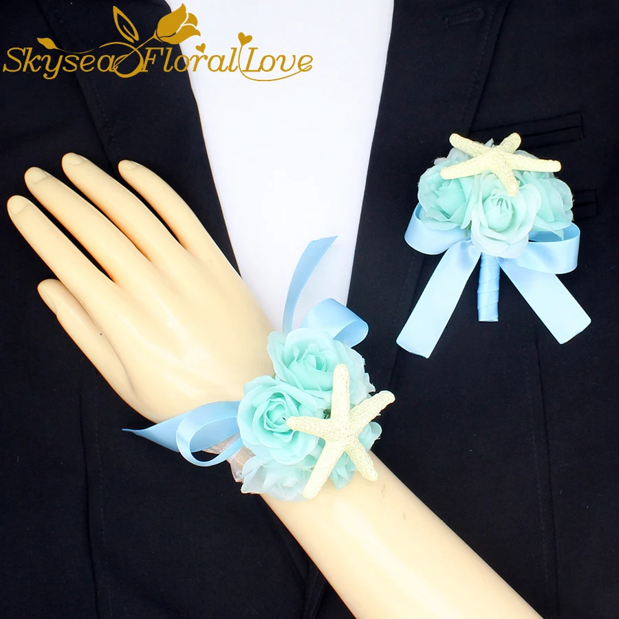 Свадебные бутоньерки и Бутоньерки для жениха белая синяя Роза морская звезда