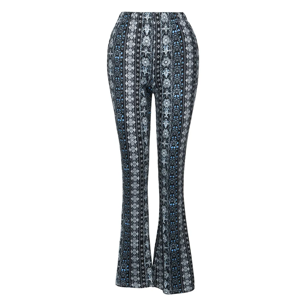 Новые Boho летние женские эластичные брюки нижнего белья женские тонкие расклешенные брюки с принтом Высокая талия Модные женские длинные брюки