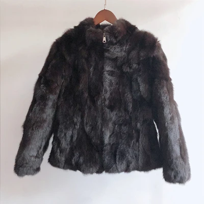 dark Brown zipper Высококачественное пальто из натурального меха, модные меховые пальто из натурального кролика, элегантная женская зимняя верхняя одежда с воротником-стойкой, куртка из кроличьего меха - Цвет: dark Brown zipper