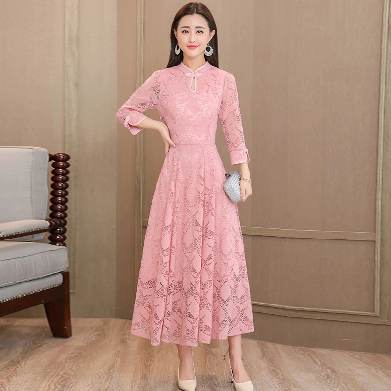 Женское кружевное платье в винтажном стиле элегантное платье-макси с рукавами