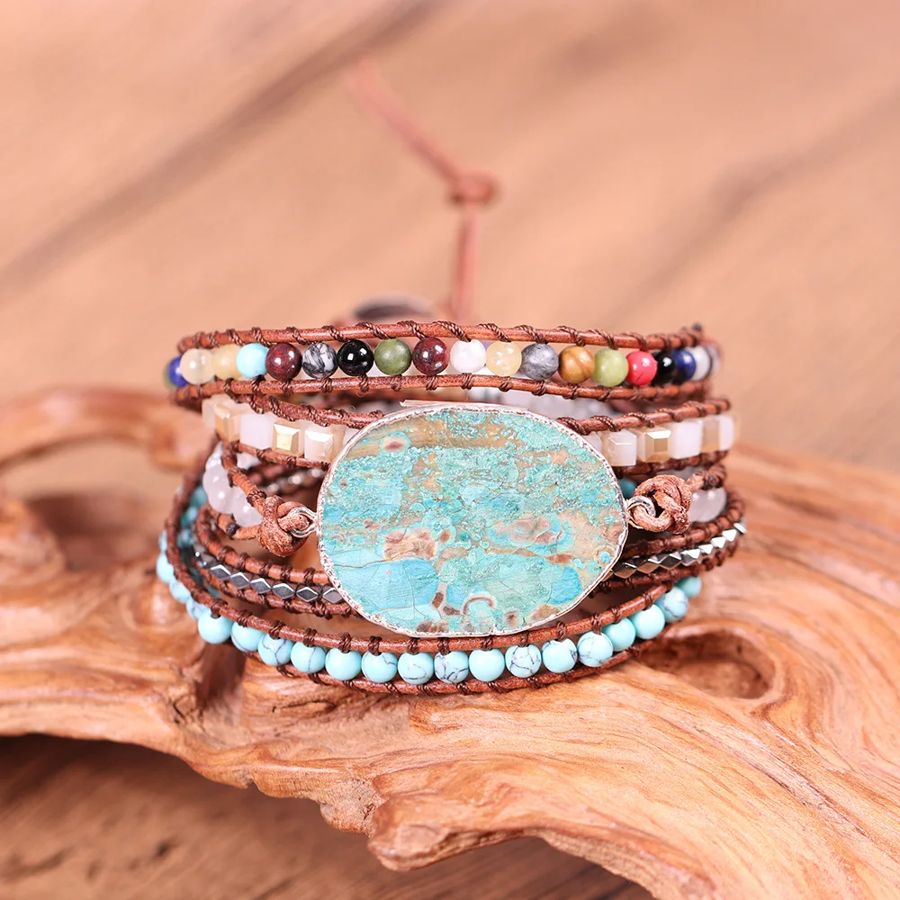 Женский кожаный браслет уникальные смешанные природные камни позолоченный