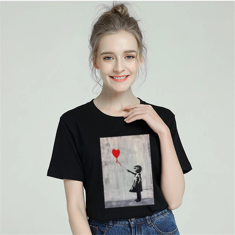 2019 футболка Женская Хлопок Бэнкси стрит арт Harajuku эстетика Сексуальная короткий