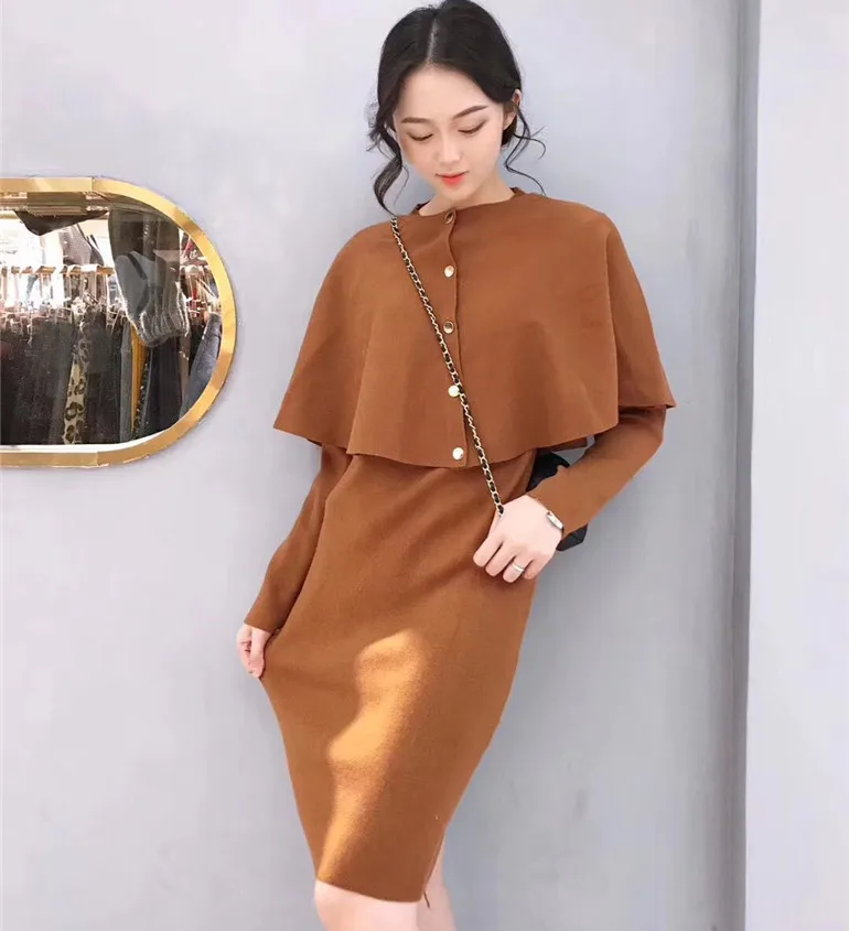 Caramel color Зимний вязаный костюм, женский комплект из 2 предметов, однобортное короткое платье с накидкой, свитер с рукавами+ облегающее трикотажное платье, костюм - Цвет: Caramel color
