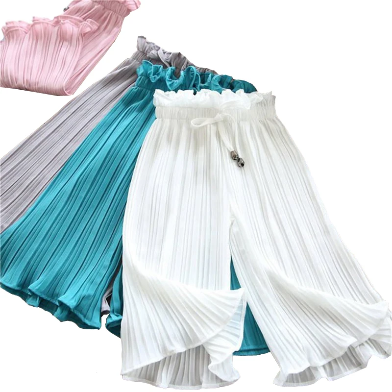 Новинка 2019 летние модные однотонные шифоновые брюки для девочек плиссированные