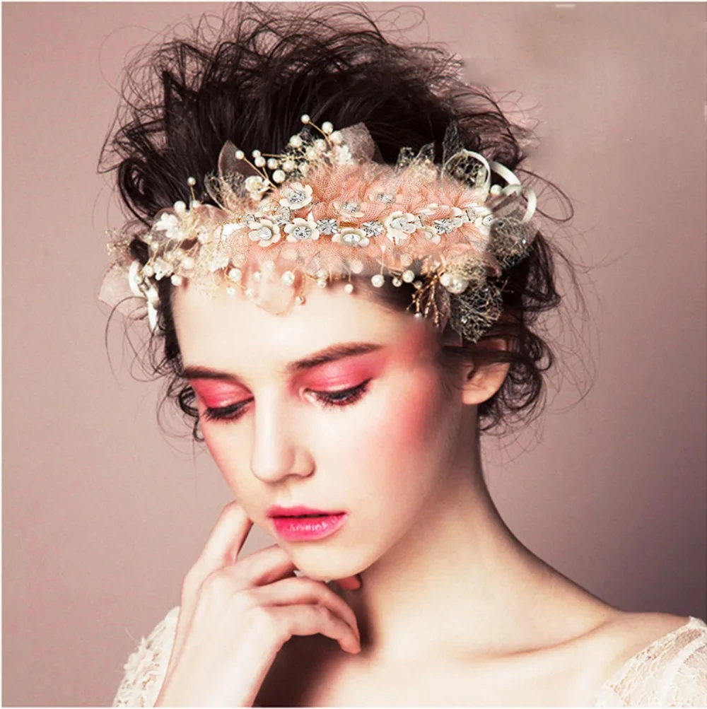 

Gorgeous flower headband pearl crystal headdress pink flowers bride hair band pearl bride wedding hair accessories jewelry