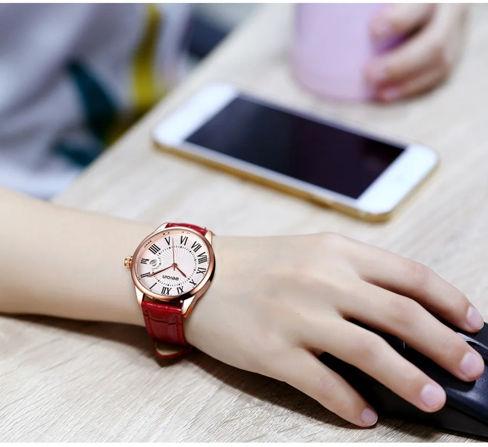 WEIQIN увеличительное стекло Дата модные часы для женщин розовое золото Чехол