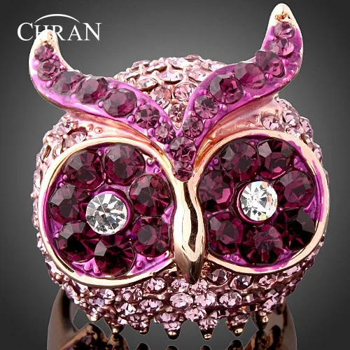 

CHRAN Punk Jewelry Classic Animal Designs Gold Tone Purple Crystal Owl Head Finger Rings For Women