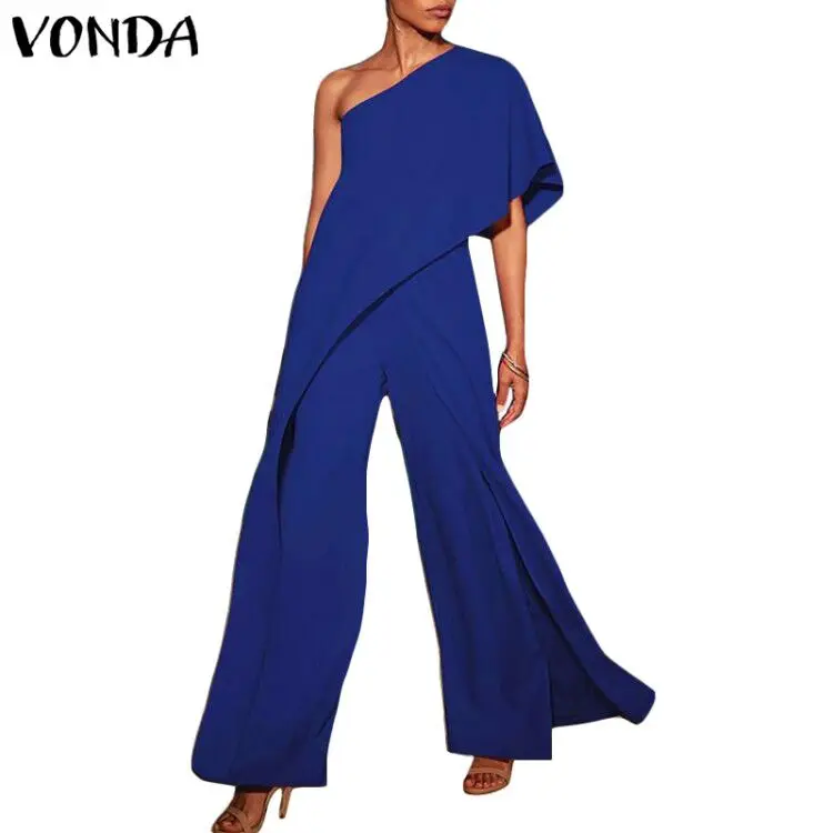 VONDA, сексуальный комбинезон, женские комбинезоны размера плюс, модные комбинезоны с открытыми плечами и рюшами, широкие штаны, повседневные Длинные Комбинезоны